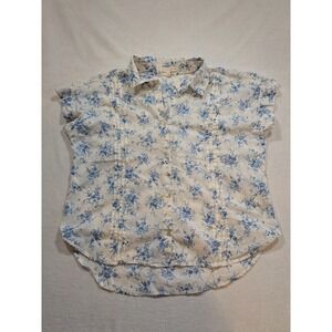 Eden & Olivia Floral Button Down Shirt Women's Size L White Blue Short Sleeve
